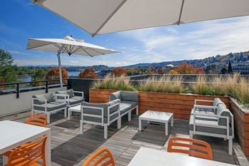 Outdoor terrace with view of the willamette river and mt. Hood